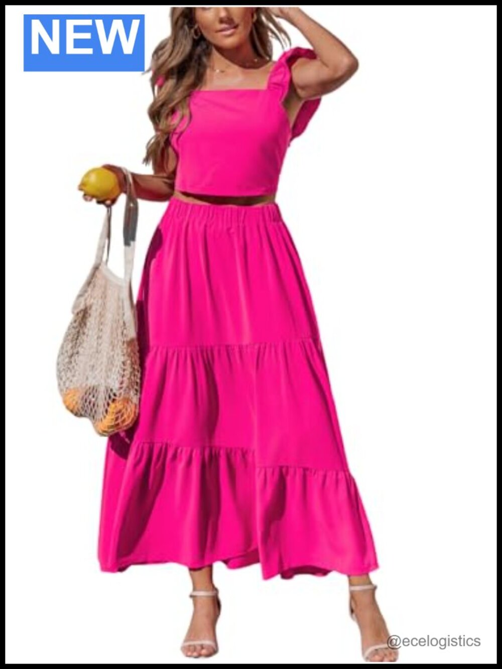 2 Piece Skirt Set Ruffle Cap Sleeve Crop Top Maxi Skirt Polyester